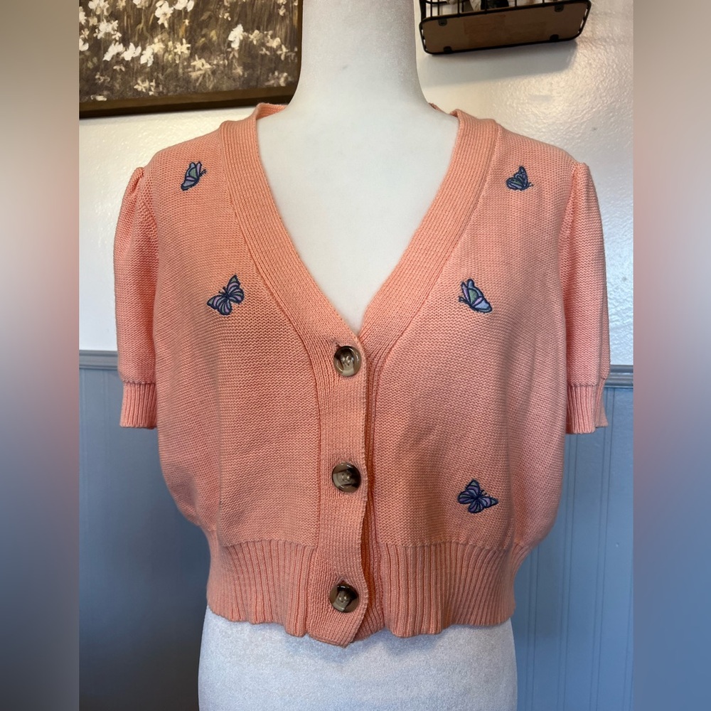 Hooked Up by IOT Juniors' Puff-Sleeve Embroidered Butterfly Cardigan Sweater /XL